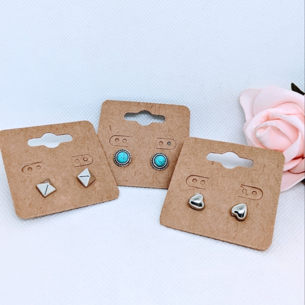 NEW 3 Pairs Stud Earrings Silver Tone and Faux Turquoise Boho Fashion Jewellery